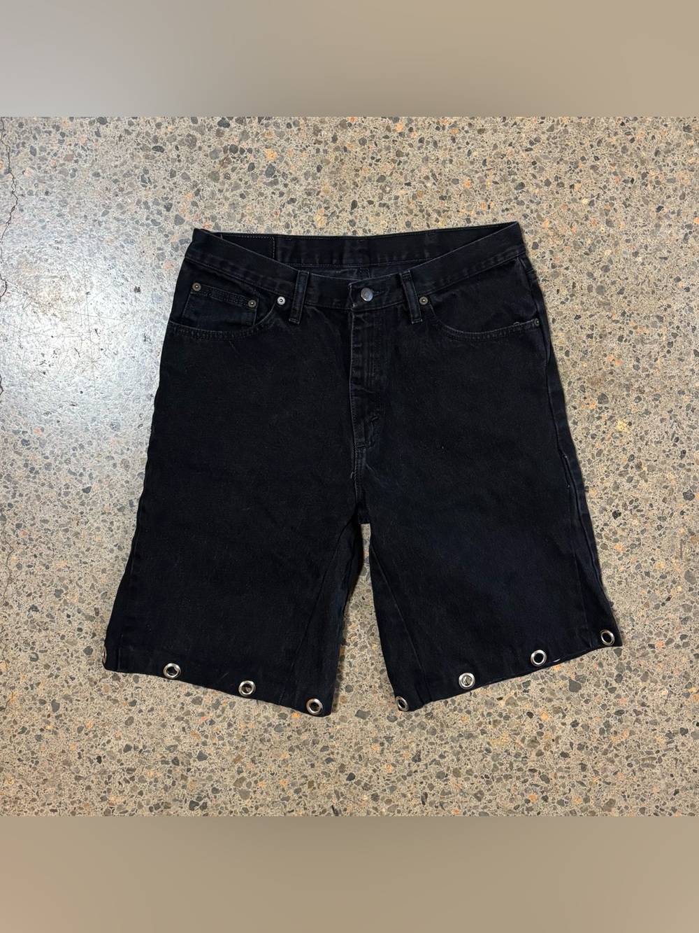 Black Grommet Jean Shorts Jorts (34) Y2K, Custom, Denim, Black, Silver